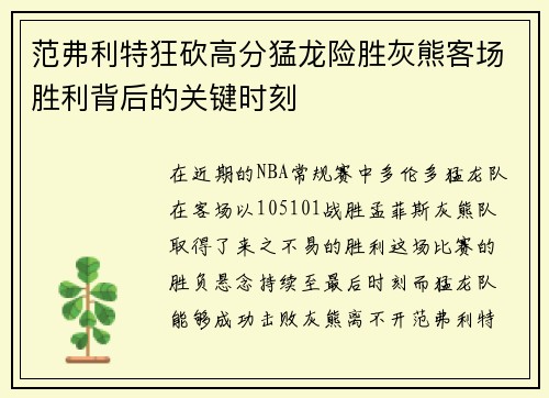 范弗利特狂砍高分猛龙险胜灰熊客场胜利背后的关键时刻