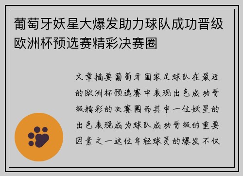 葡萄牙妖星大爆发助力球队成功晋级欧洲杯预选赛精彩决赛圈