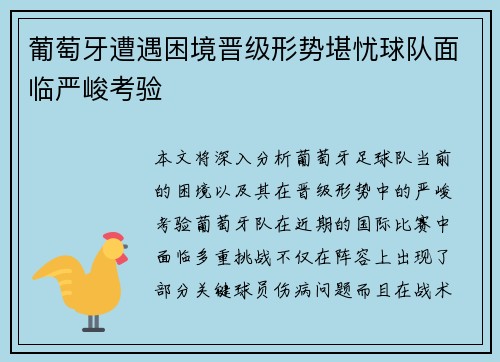 葡萄牙遭遇困境晋级形势堪忧球队面临严峻考验