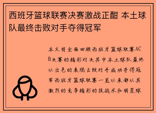 西班牙篮球联赛决赛激战正酣 本土球队最终击败对手夺得冠军