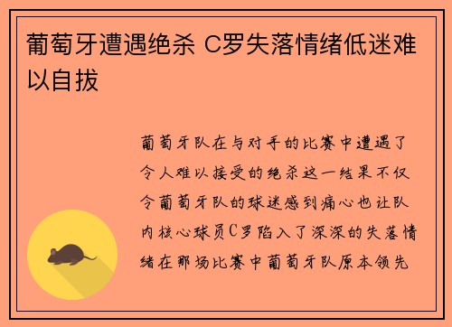 葡萄牙遭遇绝杀 C罗失落情绪低迷难以自拔