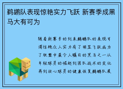 鹈鹕队表现惊艳实力飞跃 新赛季成黑马大有可为