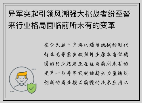 异军突起引领风潮强大挑战者纷至沓来行业格局面临前所未有的变革